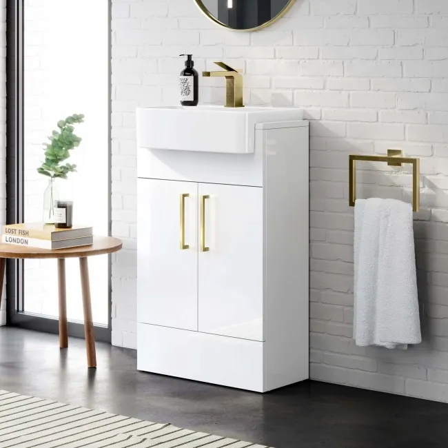 Harper Gloss White Vanity with Semi Recessed Basin 500mm - Brushed Brass Accents