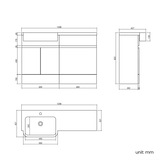 Foster Tungsten Grey Basin Vanity With Back To Wall Unit 1200mm (Excludes Toilet) - Left Handed