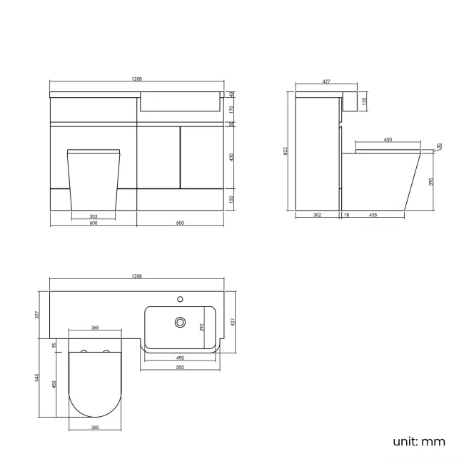 Foster Tungsten Grey Combination Vanity Basin and Boston Toilet 1200mm - Right Handed