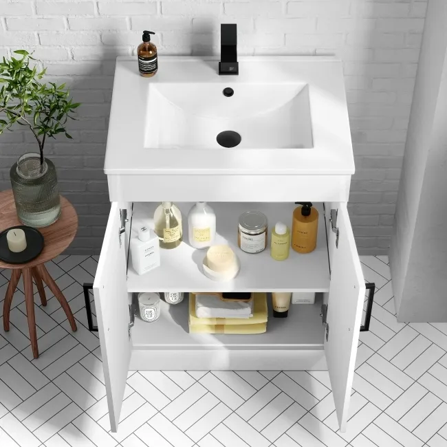 Mersey Gloss White Basin Vanity 600mm - Black Accents