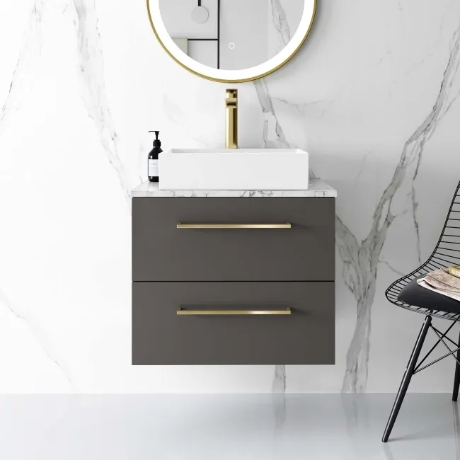 Elba Graphite Grey Wall Hung Drawer Vanity with Marble Top & Cody Basin 600mm - Brushed Brass Accents