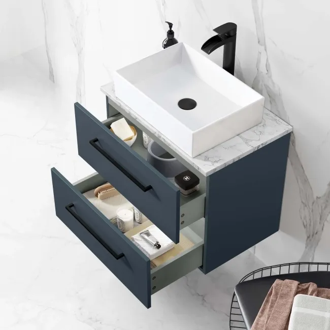 Elba Inky Blue Wall Hung Drawer Vanity with Marble Top & Cody Basin 600mm - Black Accents