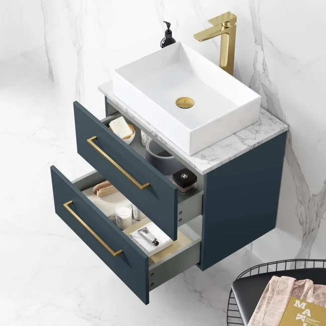 Elba Inky Blue Wall Hung Drawer Vanity with Marble Top & Cody Basin 600mm - Brushed Brass Accents