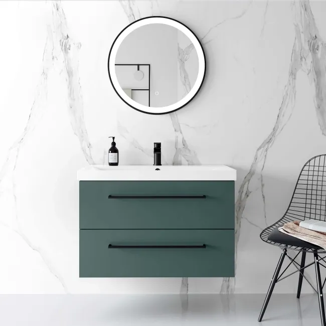 Elba Midnight Green Wall Hung Basin Drawer Vanity 800mm - Black Accents