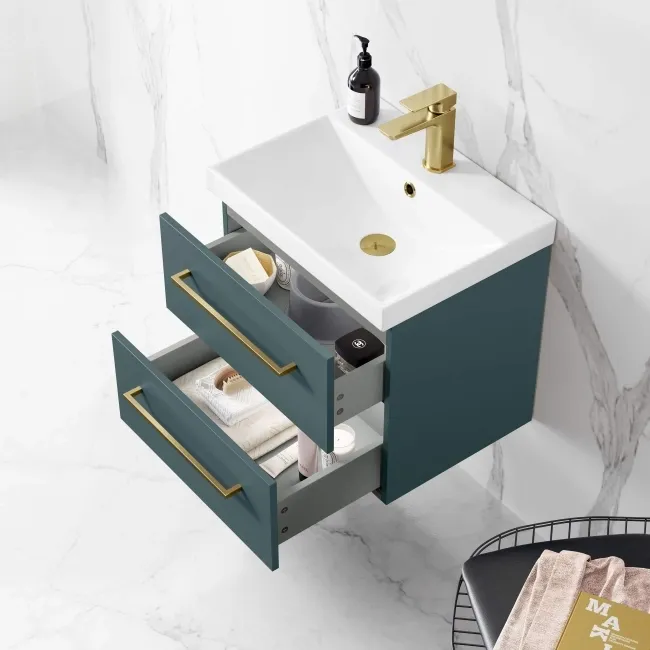 Elba Midnight Green Wall Hung Basin Drawer Vanity 500mm - Brushed Brass Accents