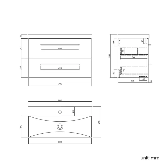 Elba Midnight Green Wall Hung Basin Drawer Vanity 800mm - Brushed Brass Accents