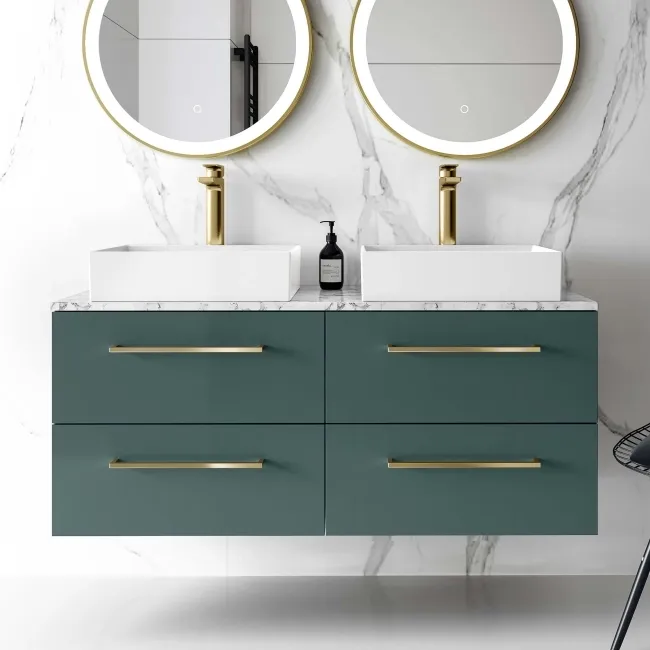 Elba Midnight Green Double Wall Hung Drawer Vanity with Marble Top & Cody Basin 1200mm - Brushed Brass Accents