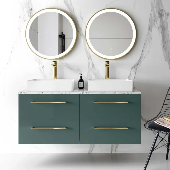 Elba Midnight Green Double Wall Hung Drawer Vanity with Marble Top & Cody Basin 1200mm - Brushed Brass Accents