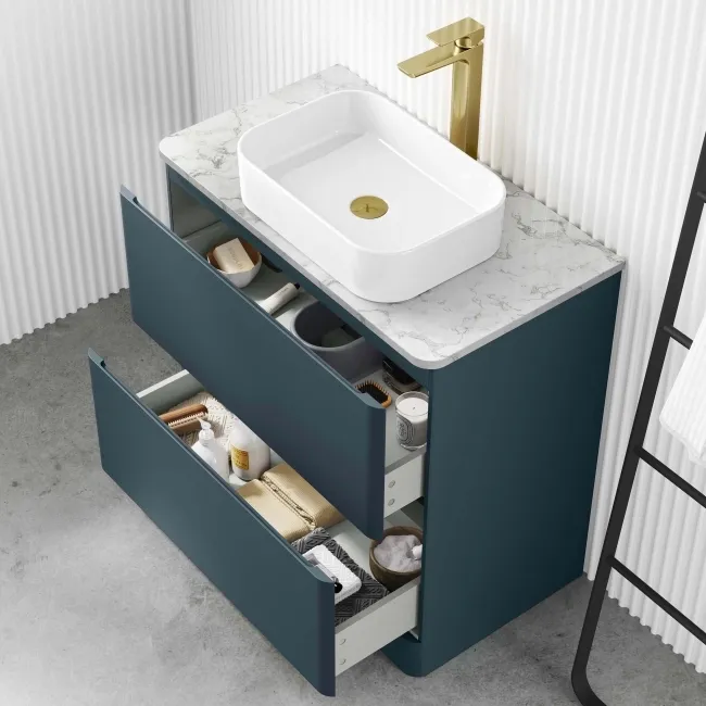 Corsica Inky Blue Vanity Drawer with Marble Top & Marin Basin 800mm