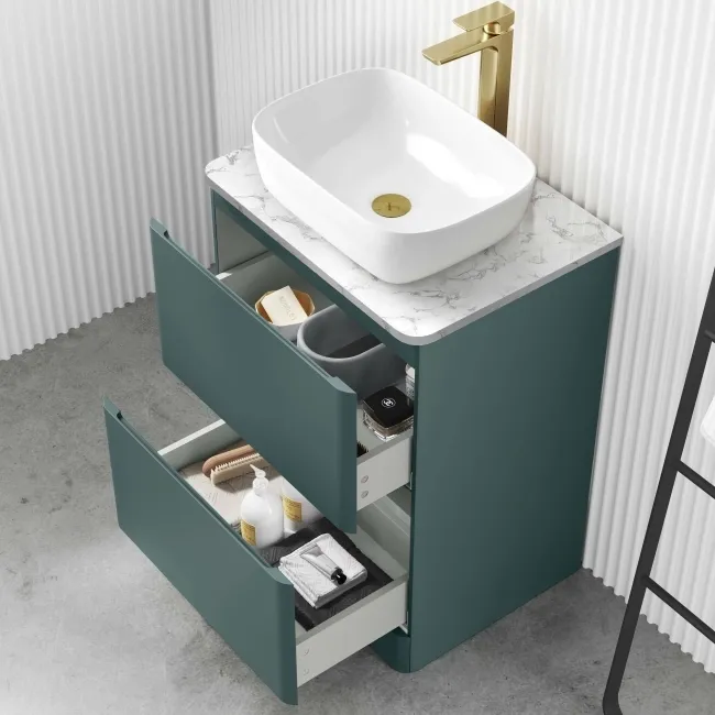 Corsica Midnight Green Vanity Drawer with Marble Top & Curved Counter Top Basin 600mm