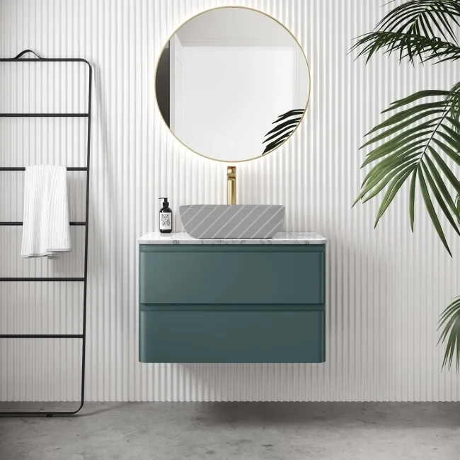 Corsica Midnight Green Wall Hung Drawer Vanity with Marble Top 800mm - Excludes Counter Top Basin