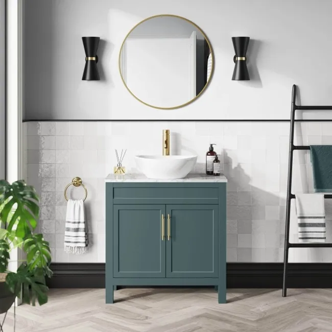 Bermuda Midnight Green Vanity with Marble Top & Oval Counter Top Basin 800mm - Brass Knurled Handles