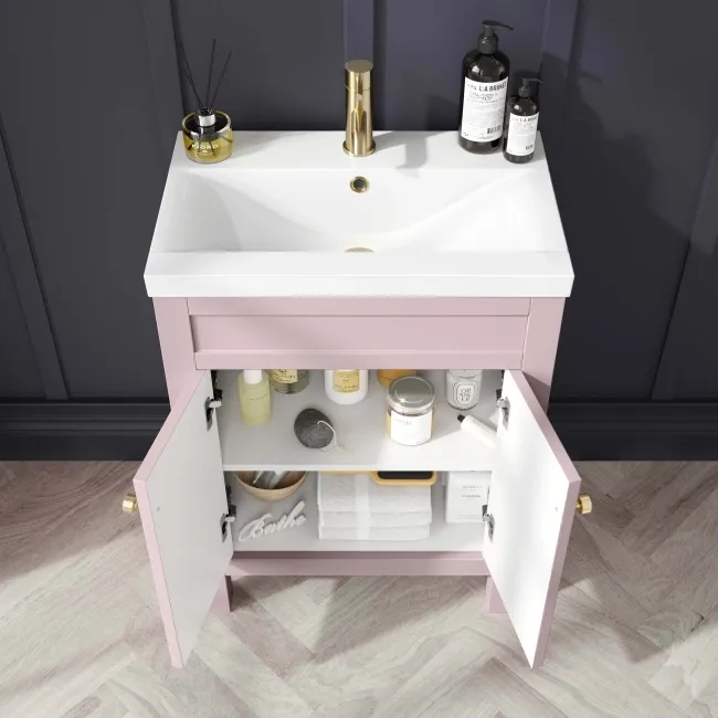 Bermuda Cashmere Pink Basin Vanity 600mm - Brushed Brass Accents