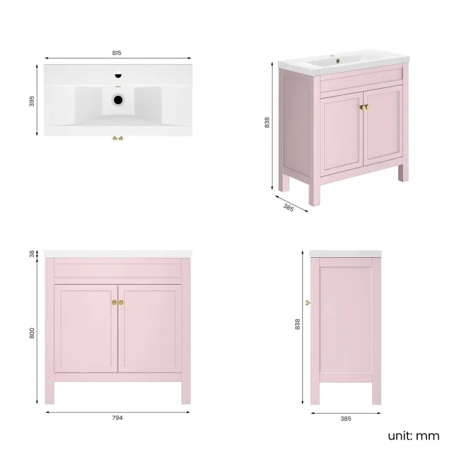 Bermuda Cashmere Pink Basin Vanity 800mm - Brushed Brass Accents