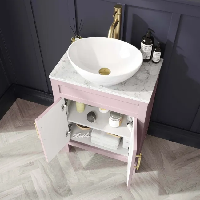 Bermuda Cashmere Pink Vanity with Marble Top & Oval Counter Top Basin 600mm - Brass Knurled Handles