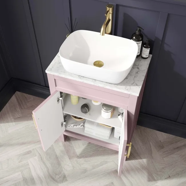 Bermuda Cashmere Pink Vanity with Marble Top & Curved Counter Top Basin 600mm - Brass Knurled Handles