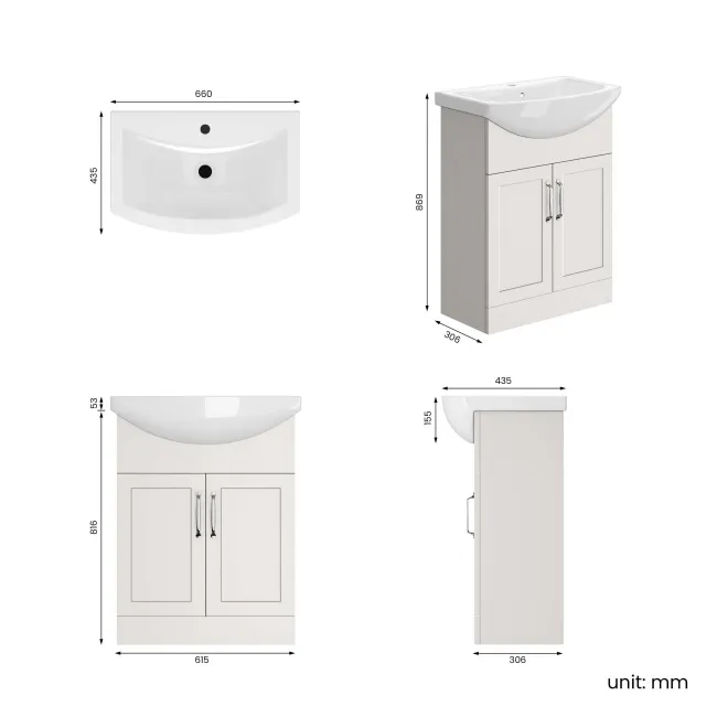 Capri Cotton White Vanity with Semi Recessed Basin 650mm - Traditional Handles
