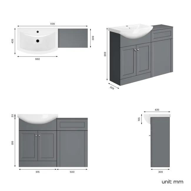 Capri Fog Grey Basin Vanity and Back To Wall Unit 1150mm (Excludes Toilet) - Chrome Handles