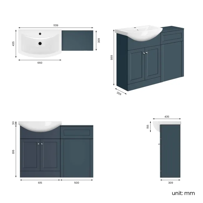Capri Navy Blue Basin Vanity and Back To Wall Unit 1150mm (Excludes Toilet) - Chrome Handles