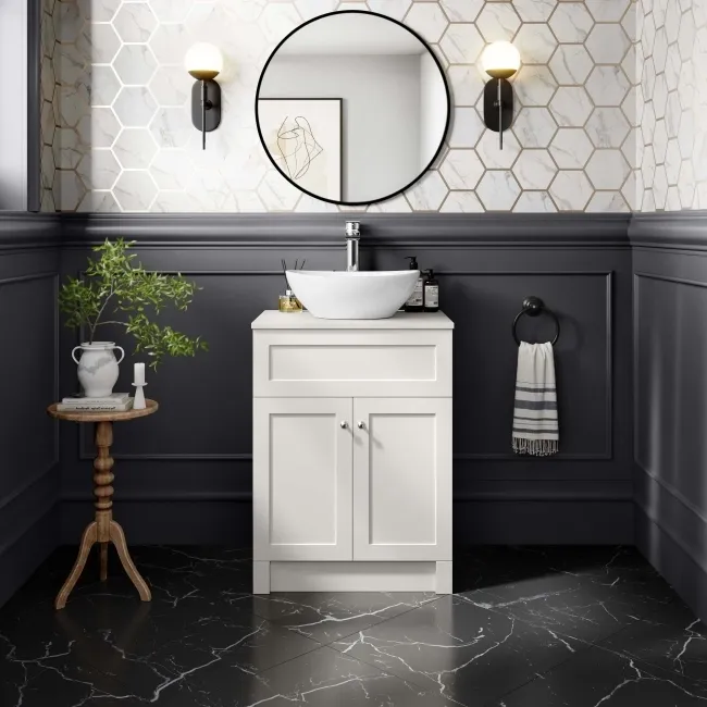 Milos Cotton White Vanity with Oval Basin 600mm - Brushed Handles