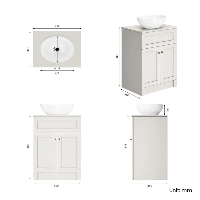 Milos Cotton White Vanity with Oval Basin 600mm - Brushed Handles