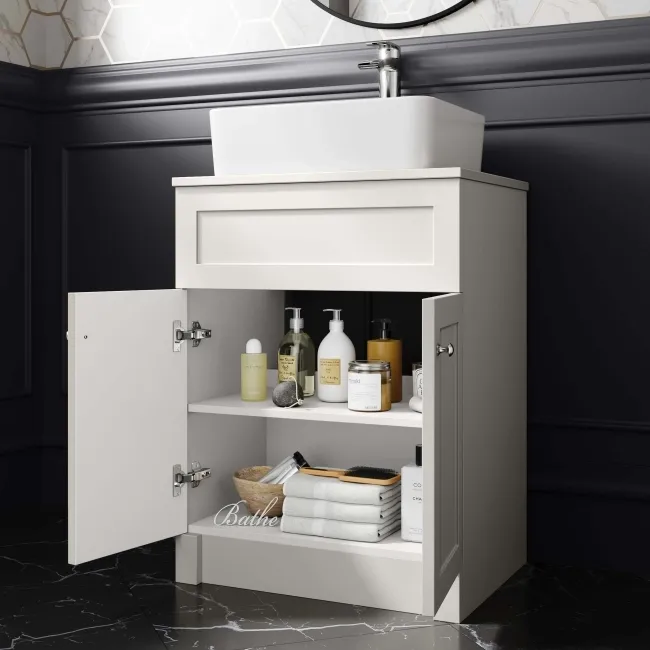 Milos Cotton White Vanity with Troy Basin 600mm - Brushed Handles