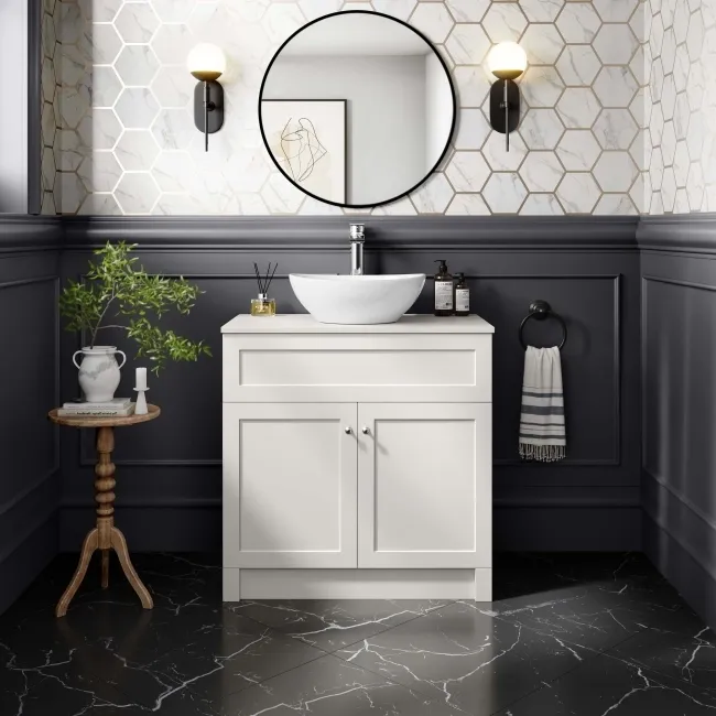 Milos Cotton White Vanity with Oval Basin 800mm - Brushed Handles