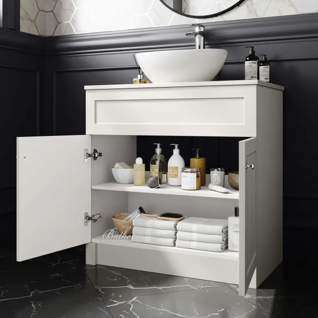 Milos Cotton White Vanity with Oval Basin 800mm - Brushed Handles
