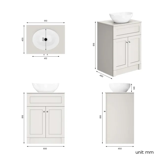 Milos Cotton White Vanity with Oval Basin 600mm - Chrome Handles