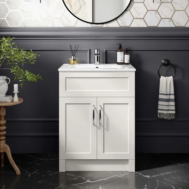 Milos Cotton White Basin Vanity 600mm - Traditional Handles