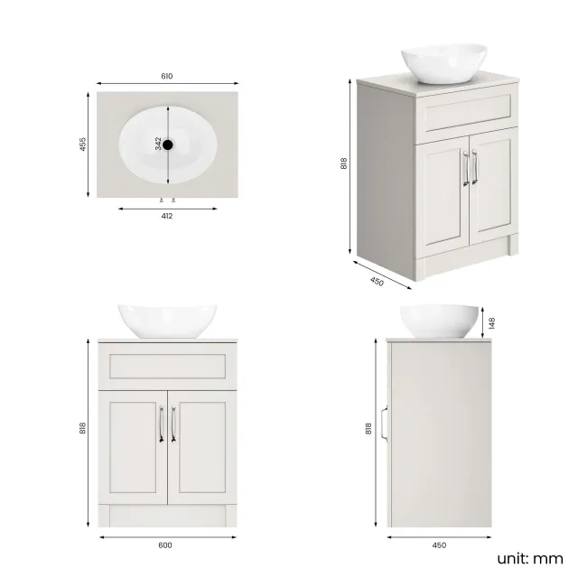 Milos Cotton White Vanity with Oval Basin 600mm - Traditional Handles
