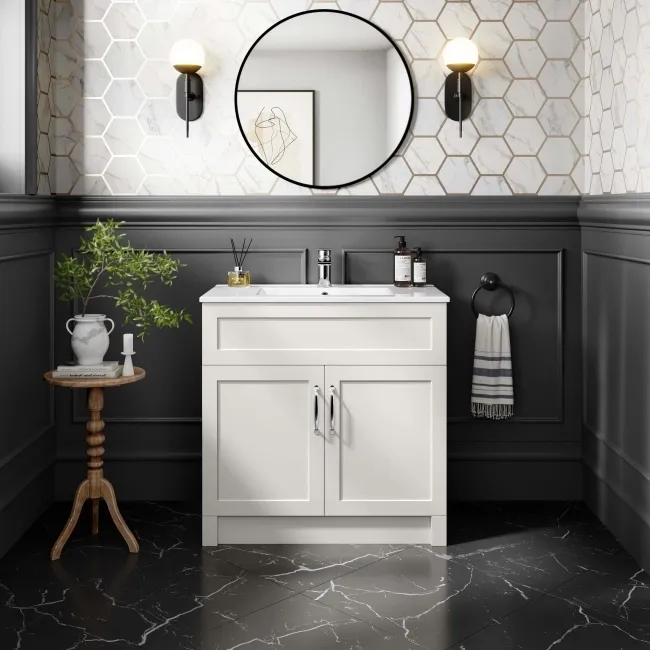 Milos Cotton White Basin Vanity 800mm - Traditional Handles