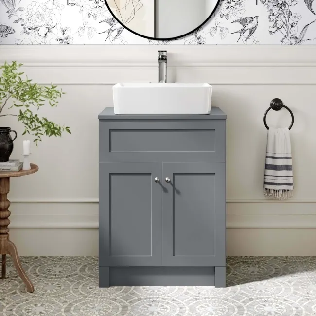 Milos Fog Grey Vanity with Troy Basin 600mm - Brushed Handles