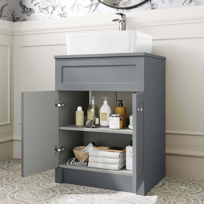 Milos Fog Grey Vanity with Troy Basin 600mm - Brushed Handles