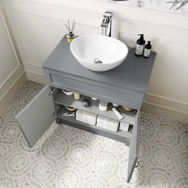 Milos Fog Grey Vanity with Oval Basin 800mm - Traditional Handles