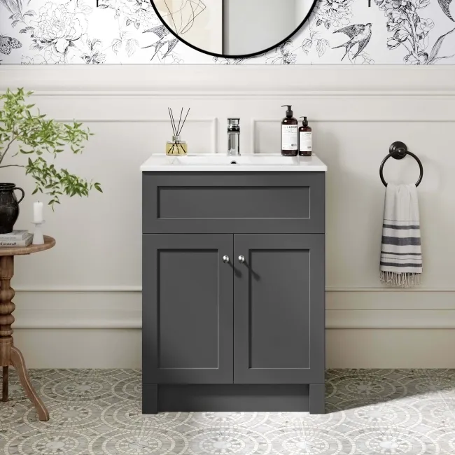 Milos Slate Grey Basin Vanity 600mm - Brushed Handles