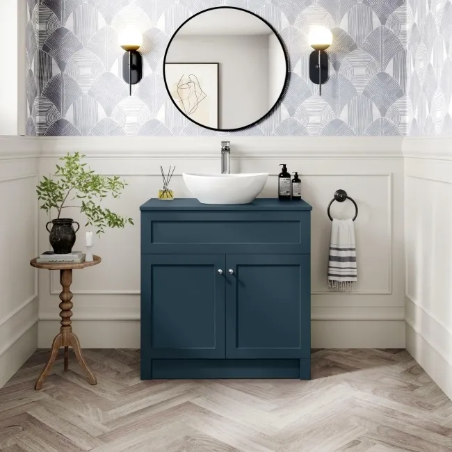 Milos Navy Blue Vanity with Oval Basin 800mm - Brushed Handles