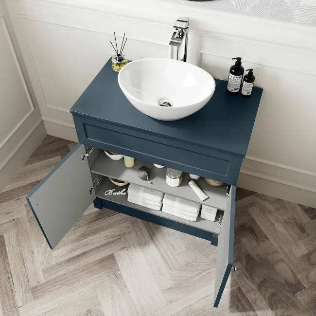 Milos Navy Blue Vanity with Oval Basin 800mm - Brushed Handles