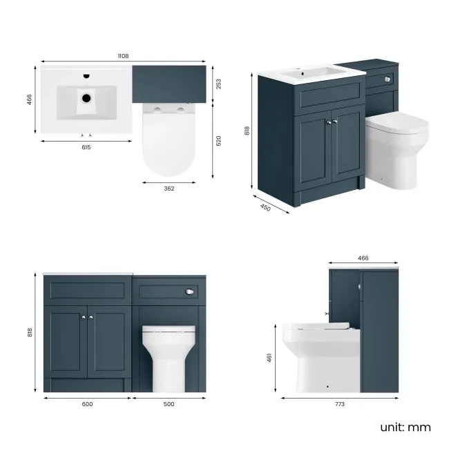 Milos Navy Blue Combination Vanity Basin and Denver Toilet 1100mm - Chrome Handles