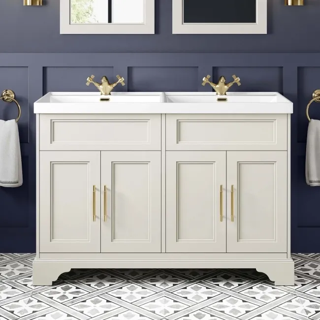 Lucia Chalk White Double Basin Vanity 1200mm - Brass Knurled Handles