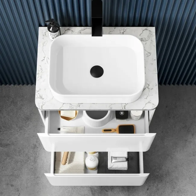 Corsica Gloss White Vanity Drawer with Marble Top & Marin Basin 600mm