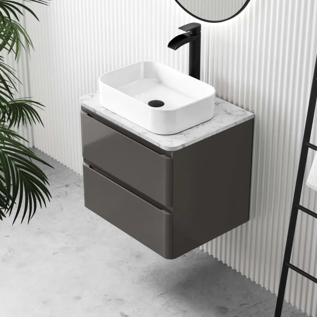 Corsica Tungsten Grey Wall Hung Drawer Vanity with Marble Top & Marin Basin 600mm