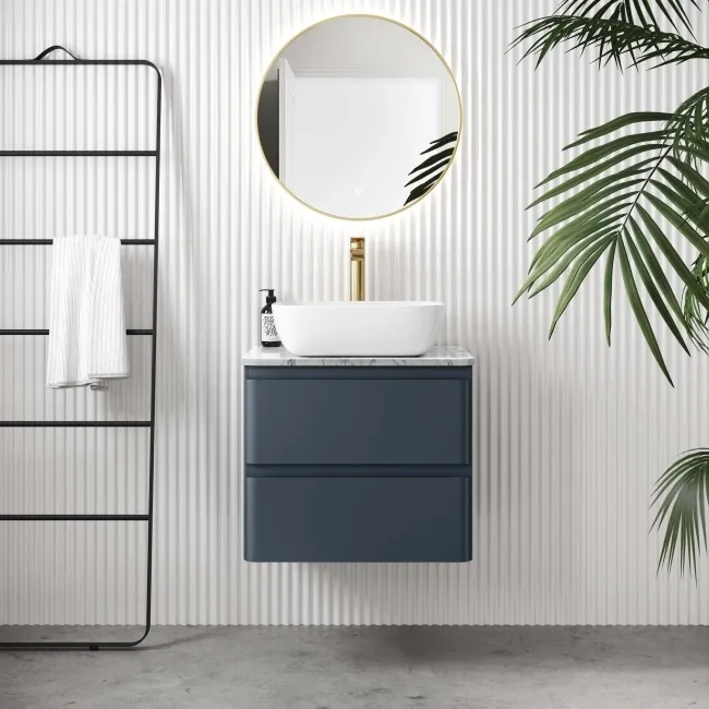 Corsica Inky Blue Wall Hung Drawer Vanity with Marble Top & Curved Counter Top Basin 600mm