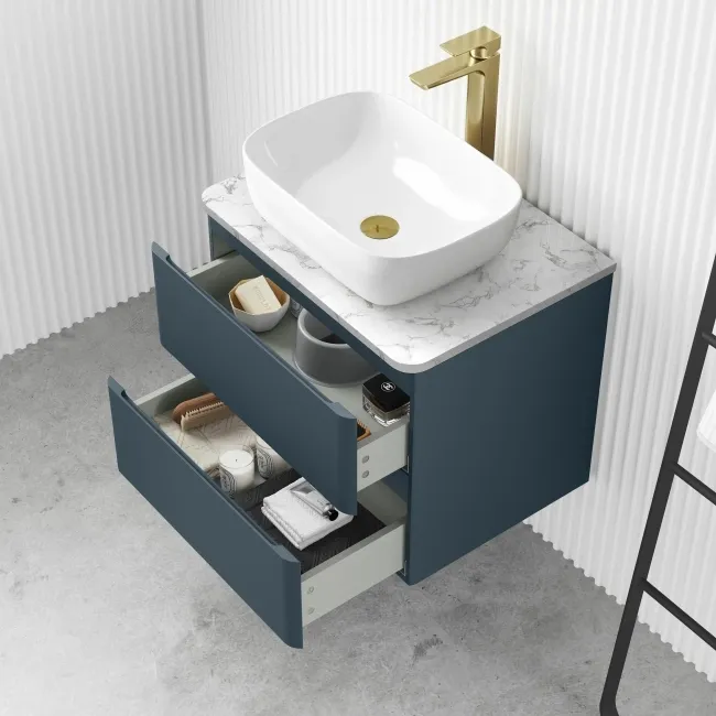 Corsica Inky Blue Wall Hung Drawer Vanity with Marble Top & Curved Counter Top Basin 600mm