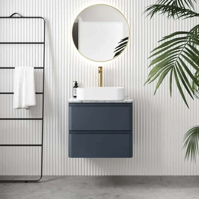 Corsica Inky Blue Wall Hung Drawer Vanity with Marble Top & Marin Basin 600mm