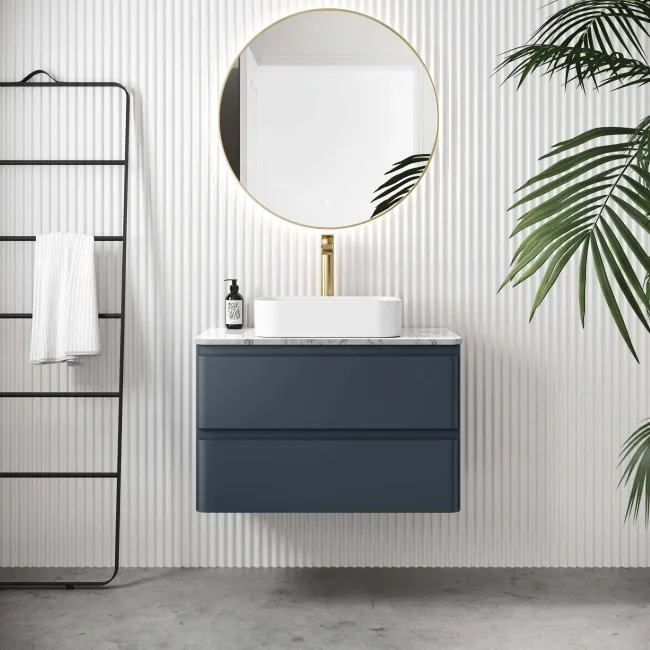 Corsica Inky Blue Wall Hung Drawer Vanity with Marble Top & Marin Basin 800mm