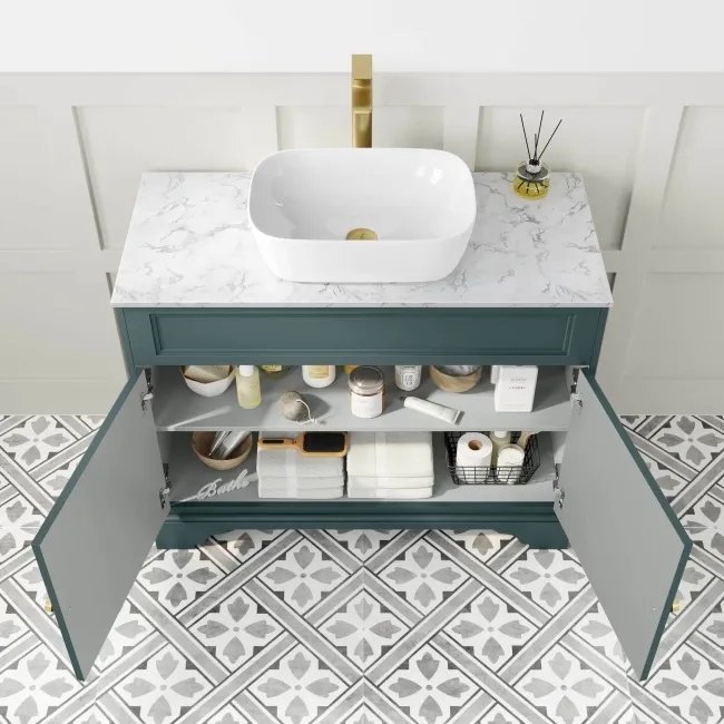 Lucia Midnight Green Vanity with Marble Top & Curved Counter Top Basin 1030mm - Brushed Brass Accents