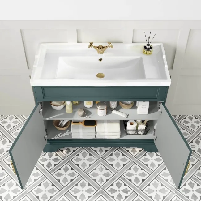 Lucia Midnight Green Basin Vanity 1030mm - Brass Knurled Handles