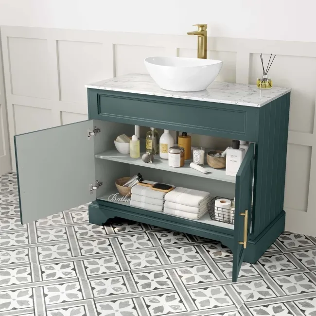 Lucia Midnight Green Vanity with Marble Top & Oval Counter Top Basin 1030mm - Brass Knurled Handles