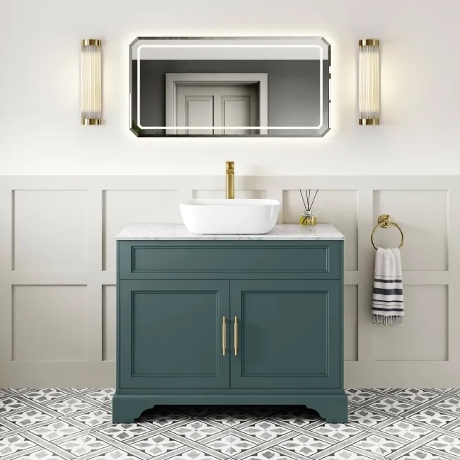 Lucia Midnight Green Vanity with Marble Top & Curved Counter Top Basin 1030mm - Brass Knurled Handles